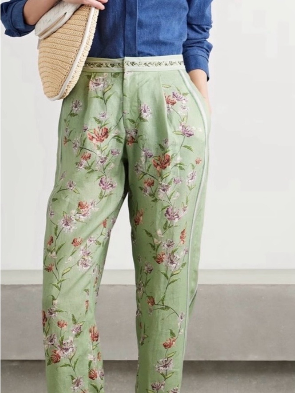 Agua by Agua Bendita Florecer Honeysuckle Sage Green Floral Straight-Leg Pants